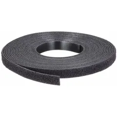 This cut-to-length hook-and-loop cable tie roll from PANDUIT is 15 ft long and 0.33 in wide, made of black nylon with an 18 lb tensile strength. It is used for bundling, organizing, and securing cables in applications such as data centers, industrial panels, and network installations, allowing custom sizing and repeated use.