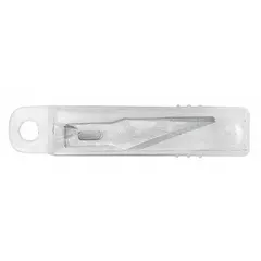 These steel replacement blades are angled for precision cutting. Each blade is 1/4 in wide and fits standard hobby knife handles. Suitable for cutting paper, cardboard, plastic, and thin materials in crafting and model building. Pack of 10.