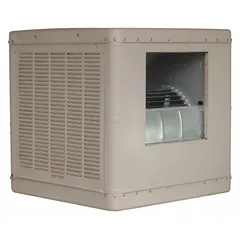 Multiple-inlet residential ducted evaporative cooler for open-plan spaces. Measures 34 1/2 in x 34 1/8 in x 34 1/8 in. Drive package not included. Suitable for dry-climate homes requiring low-energy natural ventilation cooling.