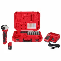 Bare-tool wire and cable stripper for copper cables up to 750 MCM. Includes 17 bushings for various insulation diameters. Operates on the M12 platform and requires a separate M12 battery. Used for stripping insulation from copper wire and cable in electrical installations.