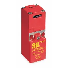 Key-actuated safety-interlock switch from OMRON T2007 series. Features front key hole location, flat actuating key, and 4-pin M12 terminal connection. Contact configuration is 2NC. Used to monitor position of movable guards on industrial machinery.