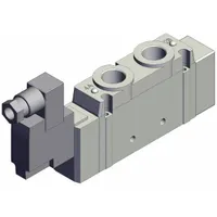 This SMC SY9000 series valve is a single solenoid, monostable, five-way/two-position directional control valve with 5 ports and 1/4 in NPT connections. It operates on 24V DC and features a DIN solenoid connector, internal pilot, and non-locking manual override. Typical applications include switching or directing compressed air in automated pneumatic systems for manufacturing, packaging, and material handling