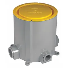Round PVC floor box for in-floor wiring installations. Accepts 1-inch conduit and provides 117 cubic inches of capacity. Includes a cover. Suitable for use in concrete floors to house power, data, or communication connections.