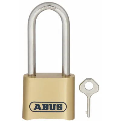 ABUS Combination Padlock: Scrolling Combo, Gold, Brass, Long Shackle - Long Shackle Combination Padlocks