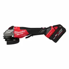 This cordless angle grinder operates on 18V DC with a brushless motor and includes two 8.0 Ah batteries. It accepts 4-1/2 in and 6 in wheels, featuring Anti-Vibration Technology and a standard head design. Suitable for cutting, grinding, and surface preparation on metal and masonry in fabrication, construction, and maintenance tasks.