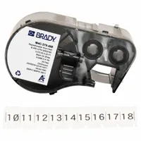 Continuous label roll cartridge for BMP53 printer series. Vinyl cloth material with black on white print. Removable and repositionable adhesive. Suitable for industrial identification, cable marking, and asset labeling where temporary placement is needed