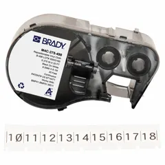 Continuous label roll cartridge for BMP53 printer series. Vinyl cloth material with black on white print. Removable and repositionable adhesive. Suitable for industrial identification, cable marking, and asset labeling where temporary placement is needed.