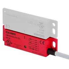 DC safety-interlock switch with 3 normally open (3NO) contacts and integrated LED indicating light. Includes a 9.84 ft cable terminated with bare wire. Used for position monitoring of movable guards, doors, or covers in industrial machinery.