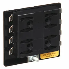 Open-style fuse block with 8 poles for blade automotive fuses. Features bolt-down mounting and quick-connect terminals. Suitable for use in fuse panels or junction boxes to distribute power and protect circuits in automotive, marine, and industrial electrical systems.