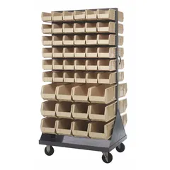 This mobile louvered floor rack includes 96 ivory bins (24 each of 14-3/4 in depth, 8-1/4 in width, 7 in height). The gray rack is equipped with two swivel casters with hard rubber tread for repositioning. Suitable for organizing small parts and components in workshops and warehouses.