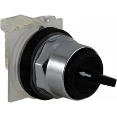 SCHNEIDER 9001KS88BH2 is a 30 mm panel-mount selector switch from the 9001K series. It features a short-handled polycarbonate knob with a metallic bezel, four maintained positions (On/On/On/On), and Cam H action. Rated AC 6 A @ 120 V and DC 0.55 A @ 125 V, it is used for selecting between multiple On states in industrial control panels, machinery, and process equipment.