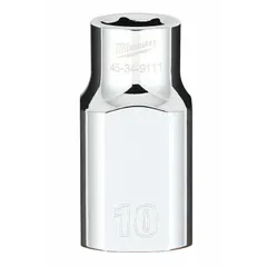 Chrome socket with 1/2 in drive and 10 mm hex size, featuring a 6-point design and anti-roll hex shape to prevent rolling on sloped surfaces. Used for tightening or loosening metric fasteners in automotive, industrial, and maintenance tasks.