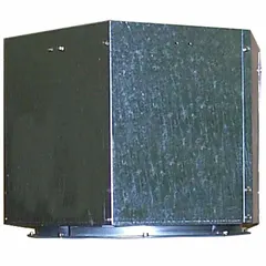 Galvanized steel discharge cap for 16-inch tubeaxial fans. Includes a clam shell damper to regulate airflow and protect the fan outlet. Suitable for industrial ventilation and exhaust systems.