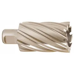 Bright finish high-speed steel annular cutter for general cutting applications. Cutter diameter 1 19/64 in, maximum cutting depth 2 in. Features a Weldon Flat shank for secure mounting in magnetic drilling machines. Used for creating clean holes in metal workpieces.
