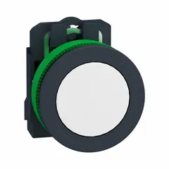 Momentary-action flush-mount push button from the XB5 series. Non-metallic construction with a 30 mm flush profile and 1 normally open contact. Suitable for control panels and industrial automation applications requiring a low-profile, corrosion-resistant interface.