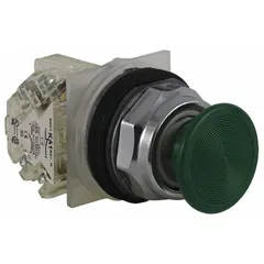 Momentary-action mushroom-head push button from the 9001K series. Features a 30 mm non-metallic mushroom profile for easy actuation. Commonly used as an emergency stop or start actuator in industrial control panels and automation systems.