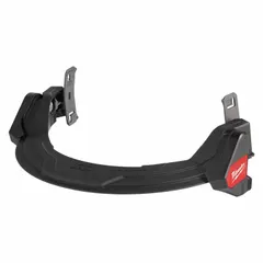 Slotted-attachment frame for mounting a polycarbonate face shield to Milwaukee BOLT hard hats. Constructed of ABS plastic and polycarbonate in black. Used in industrial environments for protection against flying debris and chemical splashes.