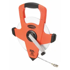 Open-reel long tape measure with a 300 ft steel blade graduated in 1/100 ft on a single-sided SAE/Engineers scale. The plastic reel houses the tape, which features a nonmagnetic single hook at the end. Suitable for measuring long distances in construction, surveying, and engineering layout tasks.