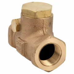 Bronze inline swing check valve with 1/2 in pipe size and FNPT x FNPT connections. Designed to prevent backflow in piping systems, allowing unidirectional flow with a gravity-closing swing disc. Suitable for low-pressure water, oil, and gas applications.