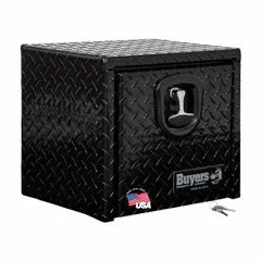 This single drop-down door box from BUYERS PRODUCTS is finished in black and equipped with a keyed lock. It is designed for underbody mounting on trucks, providing secure storage for tools and equipment. Typical applications include service trucks, fleet vehicles, and industrial worksites where weather and theft protection are required.