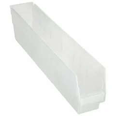 This clear plastic shelf bin measures 4 1/8 in x 6 in with an overall length of 23 5/8 in. It is nesting capable for space-saving storage when not in use. Suitable for organizing small parts, components, and hardware in industrial storage systems, warehouses, workshops, and assembly lines.