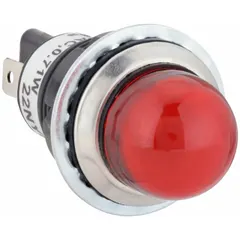 This LED indicator pilot light is designed for 18 mm panel mounting holes. It features a raised head for high visibility and a 0.187 in tab electrical connection for simplified wiring. Used to signal equipment status on industrial control panels and machinery.
