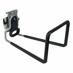 Steel hose hook designed for wall-mount track systems. Measures 4.8 in x 11.9 in x 5.6 in with a 50 lb load capacity. Satin nickel finish with soft grip. Includes mounting hardware. Suitable for organizing and storing garden hoses in garages, workshops, or utility areas.