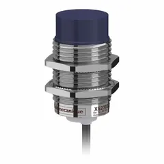 Cylindrical inductive proximity sensor with non-terminated cable, unshielded, and PNP output. Operates on 12-24V DC supply. Used for non-contact detection of metal objects in industrial automation, packaging, and material handling applications.