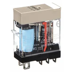 Socket-mounted relay with SPDT contact configuration, 12V DC coil, and 10A resistive load rating at 250V AC. Features a square base, flat pins, and quick-connect terminals with 5 pins. Suitable for switching loads in industrial control panels, HVAC systems, and automation equipment.