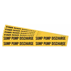 Yellow pipe marker with black legend text reading 'Sump Pump Discharge'. Fits pipe outer diameters from 3/4 to 2-3/8 inches. Pack of 5 adhesive markers without arrows. Used to identify sump pump discharge lines in piping systems.