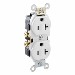 General purpose duplex receptacle rated 125V AC, 20A with NEMA 5-20 configuration, 2-pole/3-wire grounding. White thermoplastic face. For use in standard wall boxes in residential, commercial, and light industrial settings to power 20A equipment.