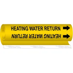 Yellow wrap-around pipe marker with black legend 'Heating Water Return' and directional arrows. Fits pipe outer diameters from 1-1/2 to 2-3/8 inches. Used to identify heating water return lines in piping systems for clear visual indication of flow direction and system function.
