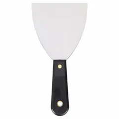 This standard scraper features a full, straight carbon steel blade with a tapered shape for controlled scraping. The polypropylene handle provides a comfortable grip. Commonly used for removing paint, adhesive, gaskets, and other buildup from flat surfaces in maintenance and renovation tasks.