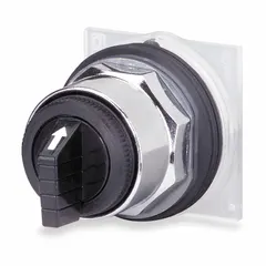 This 30 mm panel-mount illuminated selector-switch operator features three positions with maintained action and a C cam. The metallic bezel provides robust mounting. Typical applications include industrial control panels for selecting machine modes or functions requiring stable, multi-state control without spring return.