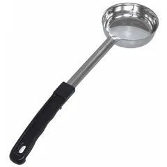 This portion control spoon is made of solid stainless steel with a black finish and a 14-inch overall length. It is designed for dispensing consistent 6 oz servings of solid foods such as rice, vegetables, or batter in commercial food preparation settings.