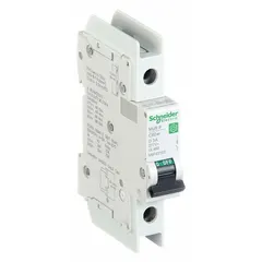 This 1-pole miniature circuit breaker features a D-curve trip characteristic for overcurrent protection in circuits with high inrush currents. Rated 3 A, 240/415V AC and 60V DC, with a maximum interrupting rating of 14 kA at 120/240V AC. Terminal connection is screw clamp. Suitable for DIN rail mounting and UL489 listed.