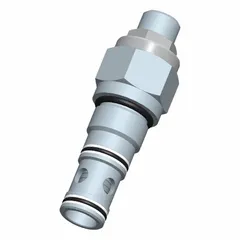 Screw-in cartridge valve with screwdriver adjustment, C12-25 cavity size. Steel body with nitrile seals. Used as a logic control element in hydraulic systems for flow or pressure regulation.