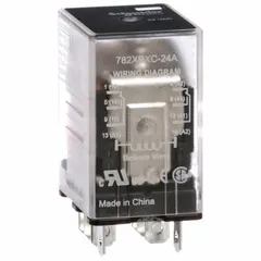 Socket-mounted relay with DPDT configuration, 24V AC coil, and 15 A operating current at 28V. Features 8 Faston terminals and a square base for socket mounting. Suitable for switching loads in control panels, HVAC systems, and automation equipment.