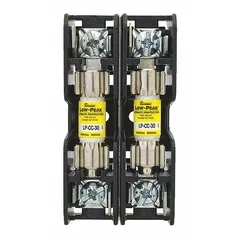 Two-pole open block fuse holder for UL Class CC fuses, rated 600 V AC. Terminals combine pressure plate and quick-connect styles. Used in industrial control panels, motor protection circuits, and branch-circuit overcurrent protection.