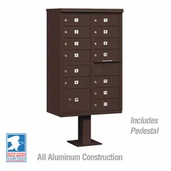 This horizontal multi-unit mailbox features 14 lockable front-access doors and is designed for pedestal mounting. With dimensions of 62 inches in height, 30 1/2 inches in width, and 18 inches in depth, it is suitable for centralized mail delivery in multi-tenant residential or commercial settings.