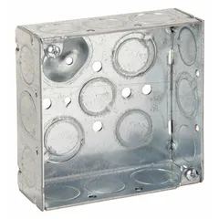 Square steel electrical box with nominal 4" x 4" dimensions and 2-gang capacity. Constructed from steel for strength and grounding continuity. Designed for mounting switches, receptacles, or wire pulling in indoor wiring systems. Supplied without clamps or bracket.