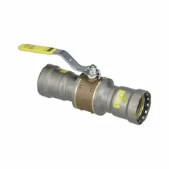 This VIEGA MEGAPRESS bronze ball valve features a straight two-way design with a locking lever handle for secure shut-off. Rated for a maximum pressure of 125 psi (CWP), it is suitable for on/off flow control in commercial and industrial piping systems handling water, oil, or gas.