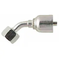 Steel 45° elbow crimp hose fitting with BSPP female thread (0.511"-27) on one end and crimp connection for -6 dash size hose on the other. Used to create permanent, leak-resistant hose assemblies in hydraulic systems for industrial and mobile equipment