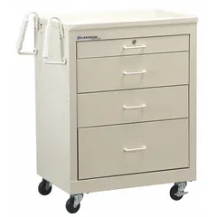 Steel bedside and nurse server cart with a beige cabinet and light tan drawer. Configured with two swivel casters and two swivel casters with brakes for maneuverability and stability. Used in healthcare settings to organize and transport medical supplies, linens, and patient-care items.