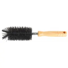 This lab brush is designed for cleaning laboratory glassware such as cylinders and funnels. It features black nylon bristles and a 4 1/2-inch brush head on a 9-inch overall length, allowing effective scrubbing of narrow or curved surfaces without scratching glass.