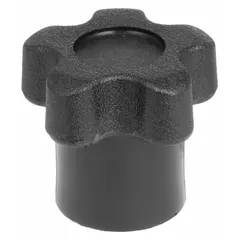 This 5-arm knob features a plastic body with a steel thread insert for corrosion resistance. It has a 1.3 in diameter and a 5/16"-18 threaded hole, suitable for manual adjustment, clamping, or positioning on machinery and equipment.