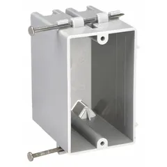 This RACO handy box is a single-gang, rectangular nonmetallic enclosure with a 2-1/4 inch width. It features a fixed bracket with a 1/2-inch setback and an NMSC clamp style for securing nonmetallic sheathed cable. Suitable for mounting switches, outlets, or devices in walls or ceilings where a corrosion-resistant enclosure is required.
