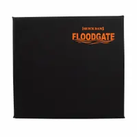 Steel doorway flood barrier designed to block fresh water from entering through standard doorways. Includes a black steel frame. Overall height 26 inches, overall width 45 inches. Suitable for temporary flood protection in residential or commercial openings