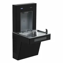 This on-wall single drinking fountain with bottle filler features a galvanized steel housing in black. It provides chilled water at 8 gph @ 50°F and is operated via a touchless sensor. Suitable for commercial settings requiring hands-free hydration.