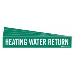 Green adhesive pipe marker with white legend reading 'Heating Water Return'. Fits pipes with outer diameter of 8 inches and larger. Supplied without arrows. Suitable for identifying return lines in heating water piping systems.